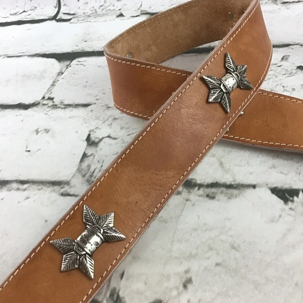 Womens Sz S Belt Western‎ Silver-Tone Buckle Studded Rodeo Tan Faux Leather